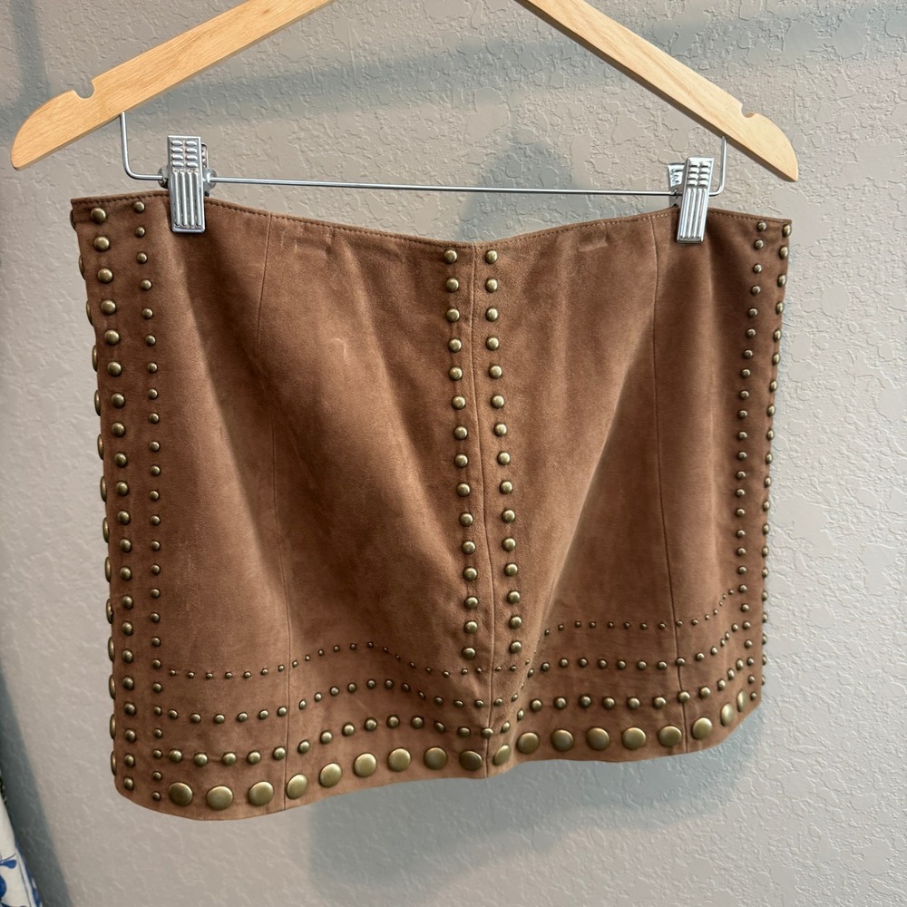 Haute Hippie Taupe Suede Studded Mini Skirt Brown Boho Western HHFA12-4084 Large